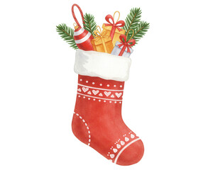 Red Christmas stocking filled with presents and pine branches  