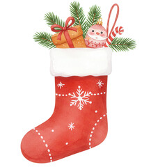 Red Christmas stocking filled with gifts and festive decorations  