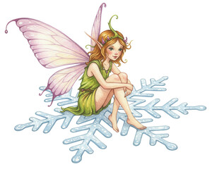 Fairy girl sitting on a snowflake with colorful wings and a dress  