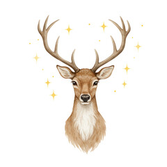 Deer head illustration with antlers and sparkling stars background  