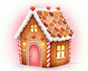 Gingerbread house decorated with hearts and snow in festive style  