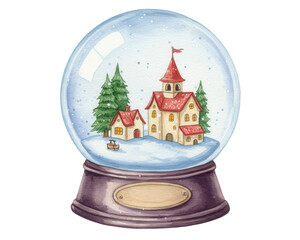 Snow globe with a winter house and trees in a decorative style  