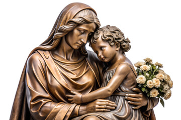 A tender sculpted depiction of a loving mother embracing her child, gently holding a delicate floral bouquet, symbolizing peace, devotion, and nurturing care