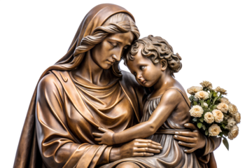 A tender sculpted depiction of a loving mother embracing her child, gently holding a delicate floral bouquet, symbolizing peace, devotion, and nurturing care