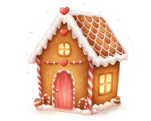 Gingerbread house decorated with icing and candy on white background  