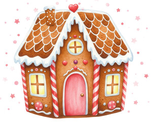 Gingerbread house decorated with icing and candy on white background  