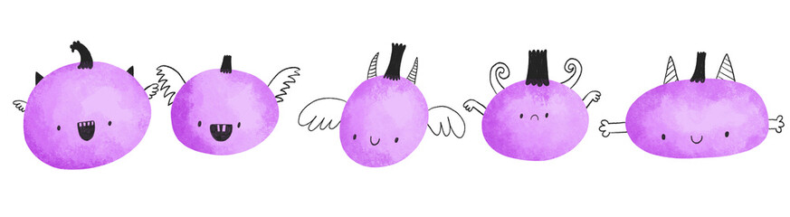 Doodle cartoon pumpkins for halloween. Pumkin monster hand drawn illustration on isolated background. Painted