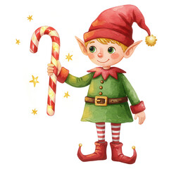 Cheerful cartoon elf holding candy cane with stars in background  