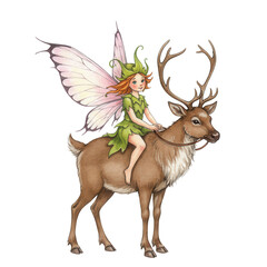 Fairy girl riding a reindeer with colorful wings in whimsical style  
