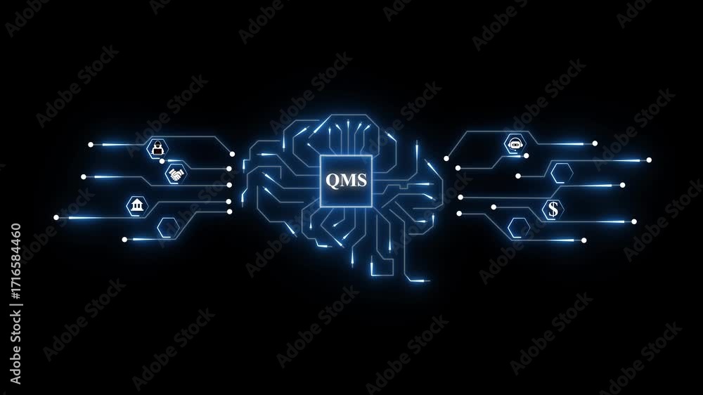 Poster abstract digital brain network with qms center handshake icon and dollar symbol representing