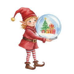 Enchanted elf holding snow globe with Christmas tree and gifts  