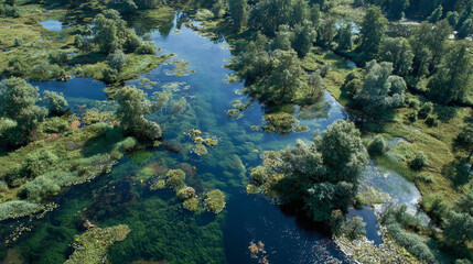 Obraz premium Aerial view of a pristine river flowing through lush green vegetation and islands