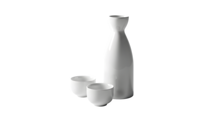 Elegant sake set featuring a tall bottle and two small cups, perfect for serving traditional japanese rice wine, isolated on transparent background