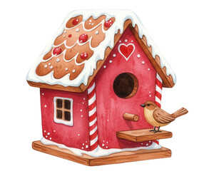 Gingerbread birdhouse with snowy roof and small bird sitting outside  