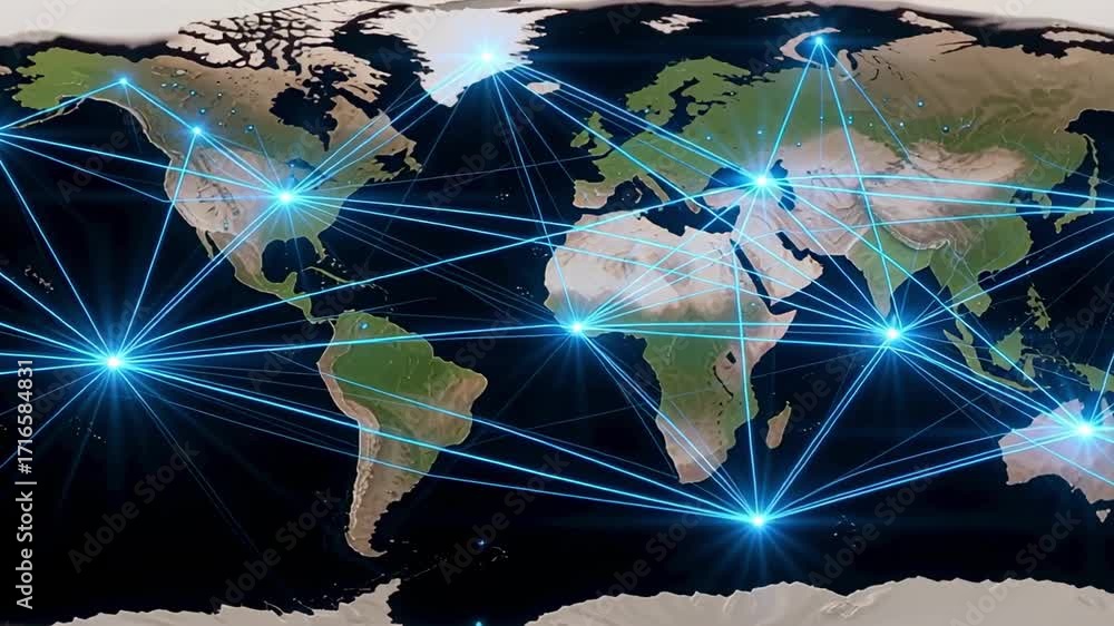 Poster world map animation showing global connections and data transfer across continents earth globe techn