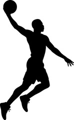 Basketball player leaping high for slam dunk, arm extended holding ball silhouette