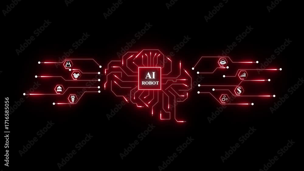 Poster glowing red artificial intelligence brain circuit board with icons representing business