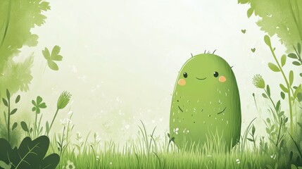 Cute cactus character in meadow