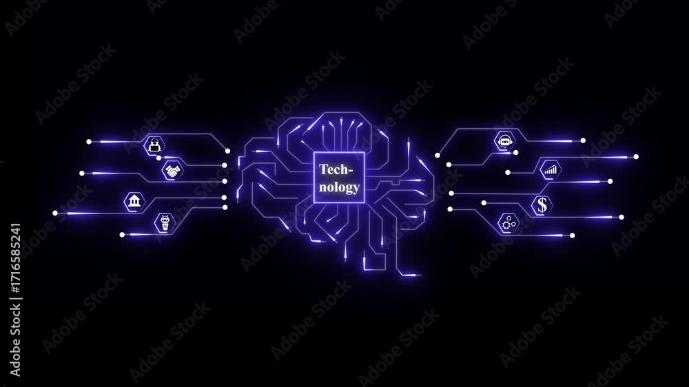 Poster glowing digital brain circuit network with icons representing business finance and security