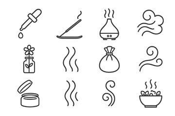 Aromatherapy Icon Collection. Line style icons of aromatherapy and scent: essential oil dropper, incense stick, aroma diffuser,