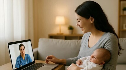 Mother engaging in virtual consultation home video call cozy interior close-up parenting guidance