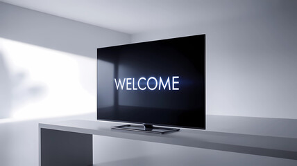 Welcome message on modern flat screen tv in minimalist room for home entertainment and technology