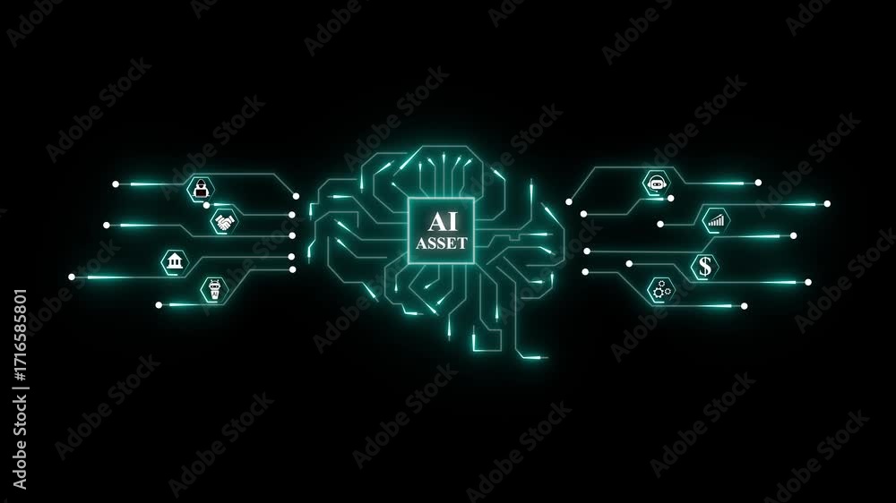 Poster artificial intelligence brain circuit network data processing and financial growth concept