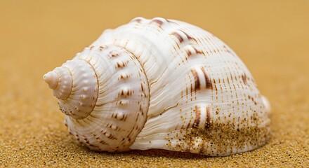 Elegant white spiral seashell gently resting on golden beach sand, a beautiful natural treasure found by the ocean shore