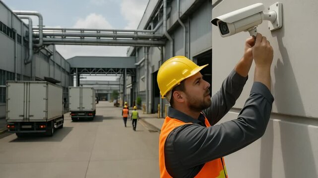 Security camera installation by technician at industrial site outdoor environment professional setting high-quality visuals