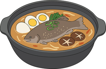 A delicious bowl of fish stew with eggs and mushrooms.
