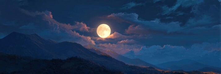 Full moon over mountain range at twilight