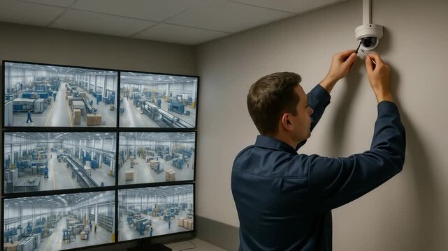 Security camera installation process in control room surveillance systems indoor professional viewpoint safety management