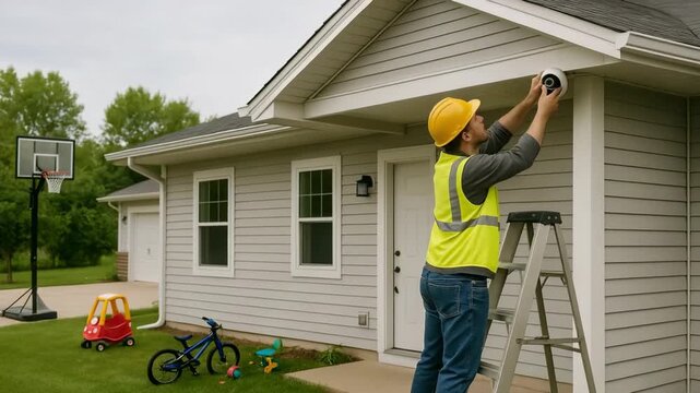 Home maintenance action installing security camera residential house diy project suburban environment side view safety awareness