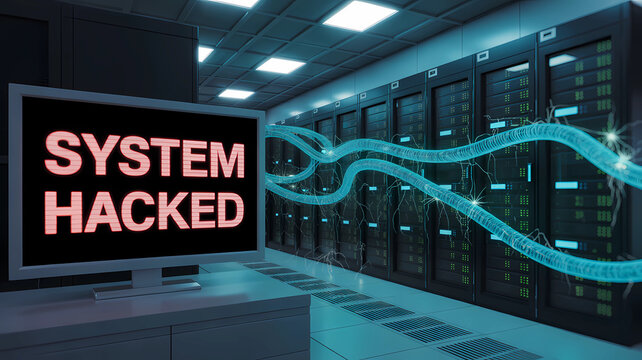 System hacked cyber security breach data center server room network security vulnerability concept