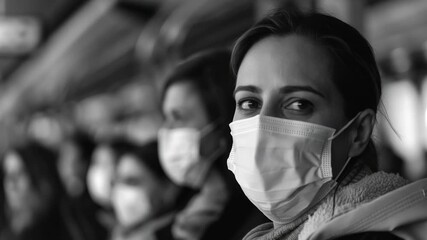 A person commuting on a train while wearing a face mask, suitable for use in public health or pandemic-themed content - Powered by Adobe