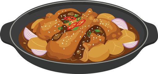 Delicious Korean braised chicken with potatoes and onions in a dark sauce.
