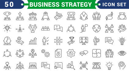 Business strategy set of web icons in line style. A collection of linear icon representing key business concepts, including market analysis, strategy, leadership, innovation, planning. Editable stroke