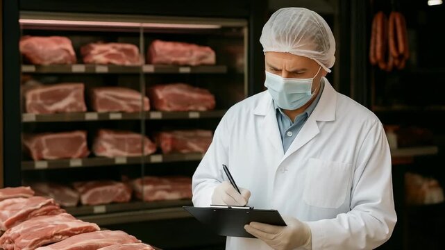 Meat inspection process butcher shop professional assessment indoor environment close-up view food safety practices