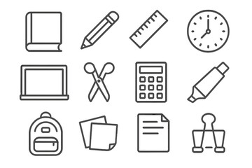 Classroom Toolkit Icons. Line style icons of classroom toolkit: book, pencil, ruler, clock; chalkboard, scissors, calculator,