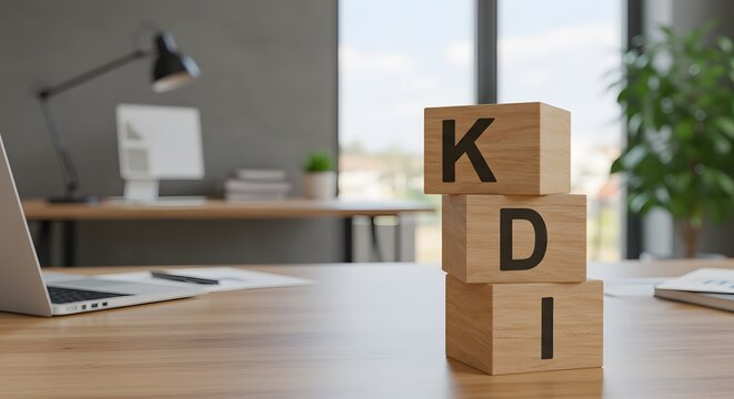 "KDI" woden cubes for Key Developmental Indicators concept on office setting
