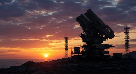 Silhouette of a Patriot missile defense system at sunset.