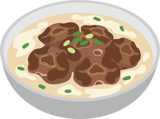A bowl of rich oxtail stew in a creamy sauce, garnished with chopped green onions, presented as an isometric illustration.