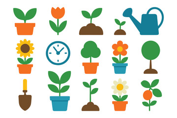Collection of colorful flat icons representing plants gardening tools and growth stages