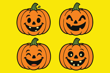 Four cheerful cartoon carved halloween pumpkins with happy faces on a yellow background