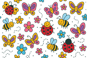 Cute cartoon ladybugs bees butterflies and flowers seamless pattern background