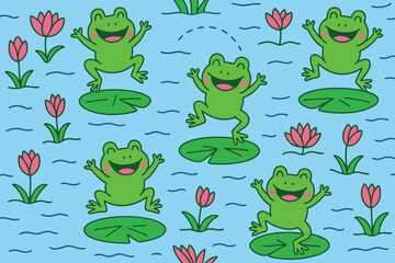 Happy cartoon frogs jumping on lily pads in a pond with flowers