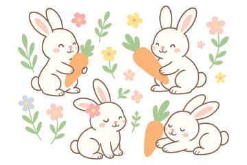 Four adorable cartoon bunnies holding carrots surrounded by flowers and leaves