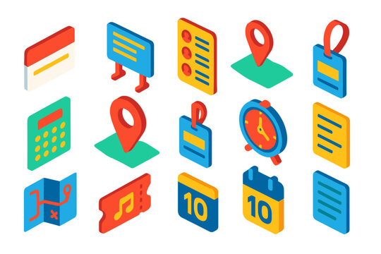 Event Planning Icons. Isometric vector illustration set Event and schedule planning: RSVP card, event schedule board, speaker - Powered by Adobe
