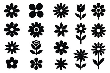 Collection of simple black silhouette flower icons on a white background