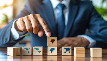 Businessman Strategically Places Wooden Blocks with World Maps, Representing Global Expansion and Market Domination.
